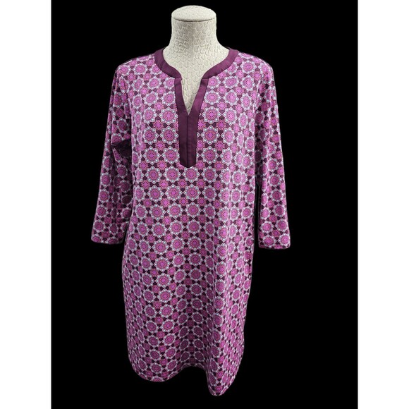 ALK Women's M 10-12 Lands' End 3/4 Sleeve Pink Geometric Knee Length Tunic Dress - Picture 1 of 11